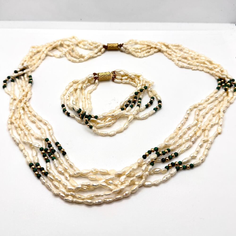 Vintage 80s Multi Strand Rice Pearl Malachite Necklace Bracelet Jewelry Set